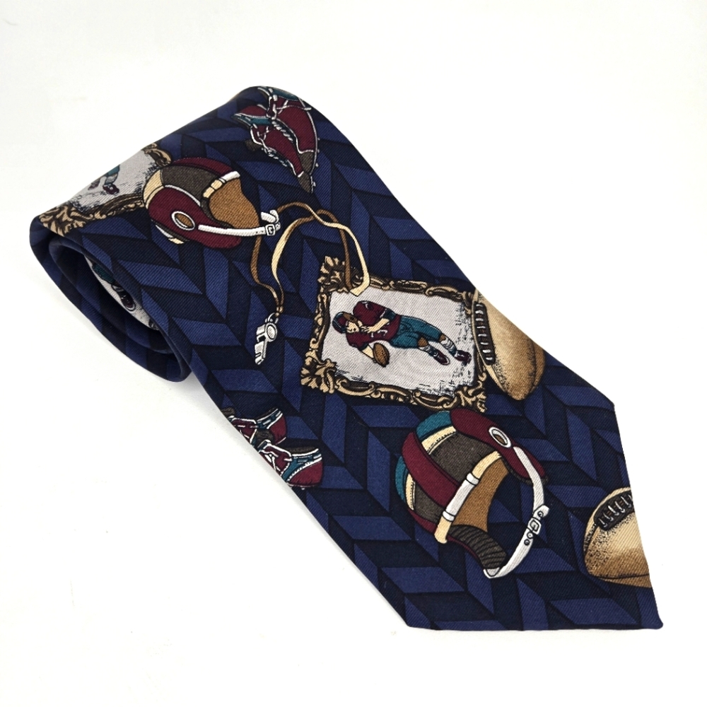Vintage American Sports Classics Football Neck Tie Silk Blue Black Burgundy‎ 56"